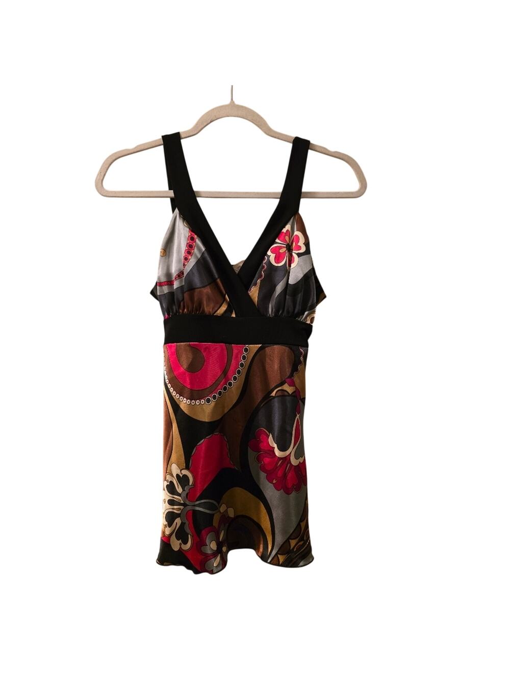 Vtg Y2K Halter Style Babydoll Top Floral Geometric Print  L USA Made Satin Read
